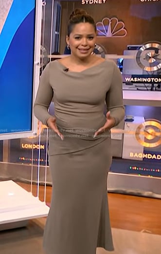 Antonia Hylton’s beige cowl neck top and skirt on NBC News Daily