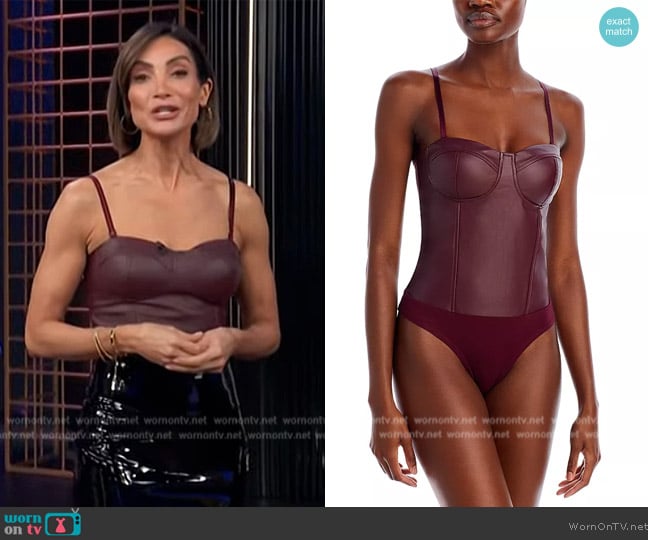 Aqua Faux Leather Bustier Bodysuit worn by Courtney Mazza on E! News