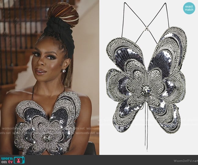 Area Mussel Crystal-embellished flower halterneck top worn by Candiace Dillard Bassett on The Real Housewives of Potomac