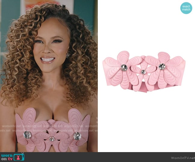 Area Mussel Flower embellished leather strapless top worn by Ashley Darby on The Real Housewives of Potomac