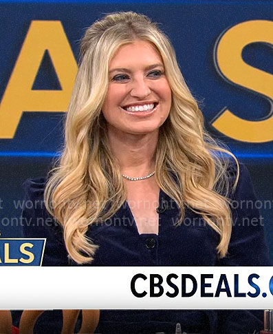 Ashley Bellman's navy blue corduroy button front dress on CBS Mornings