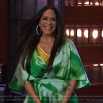 Sheila E’s green tie dye wrap dress on The Kelly Clarkson Show