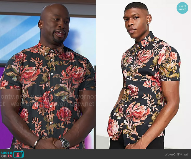 ASOS Design Stretch slim shirt in black and red floral print worn by Akbar Gbajabiamila on The Talk