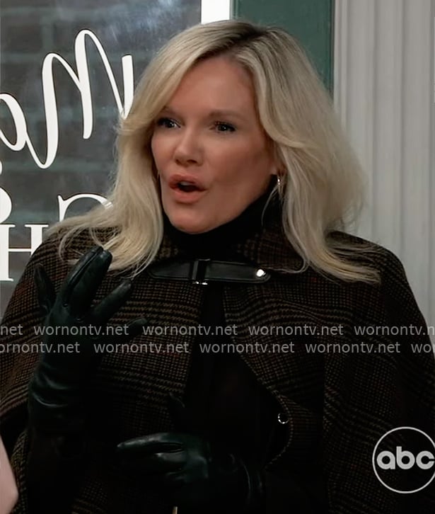 Ava’s brown plaid buckled cape coat on General Hospital