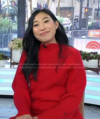 Awkwafina’s red ribbed sweater and skirt on Today