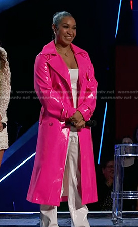 Azan's pink leather trench coat on The Voice