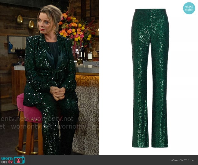 Badgley Mischka Sequined Boot-Leg Pants in Emerald worn by Gloria Abbott Bardwell (Judith Chapman) on The Young and the Restless