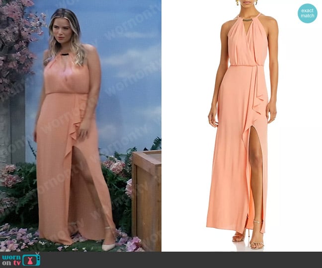 Bcbgmaxazria Draped Necklace Halter Gown in Canyon Sunset worn by Sasha Gilmore (Sofia Mattsson) on General Hospital