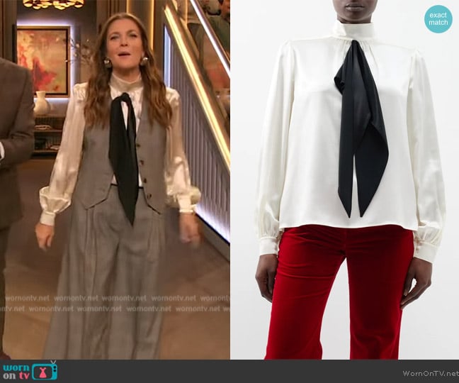 Bella Freud Scarf-accent silk-satin blouse worn by Drew Barrymore on The Drew Barrymore Show