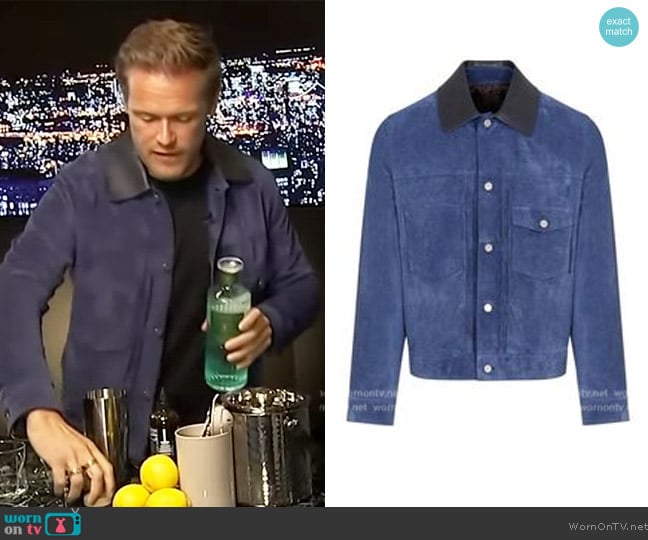 Berluti Suede Jacket worn by Sam Heughan on Access Hollywood