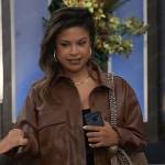 Blaze’s brown leather cropped shirt jacket on General Hospital