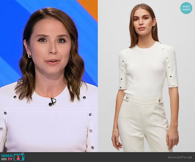 Boss Famistosa Rib Button Trim Sweater in Soft Cream worn by Elizabeth Schulze on Good Morning America