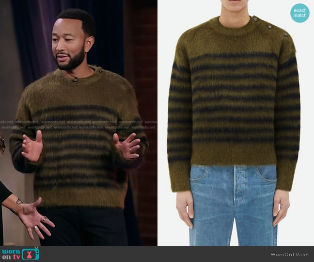 Bottega Veneta Heavy Mariniere Mohair Sweater in Gingersnap / navy worn by John Legend on The Voice