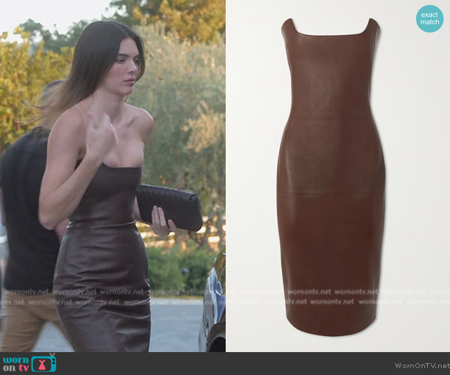 Kendall’s brown leather strapless dress on The Kardashians