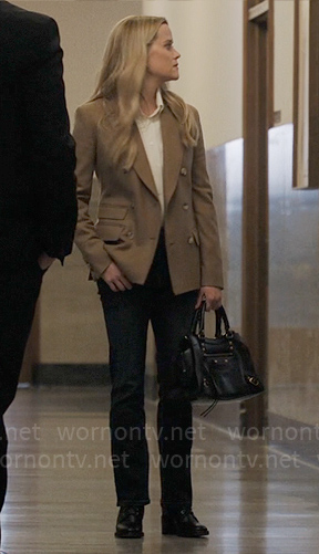 Bradley's taupe brown blazer and black bag on The Morning Show