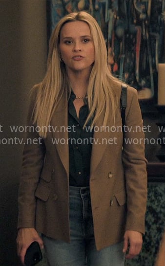 Bradley's taupe brown blazer and black bag on The Morning Show