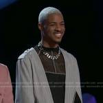 Brandon Montel’s grey pinstripe slit sleeve jacket and pants on The Voice