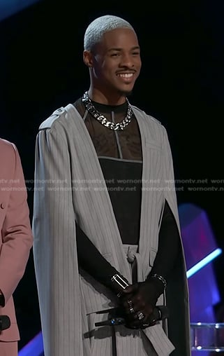 Brandon Montel’s grey pinstripe slit sleeve jacket and pants on The Voice