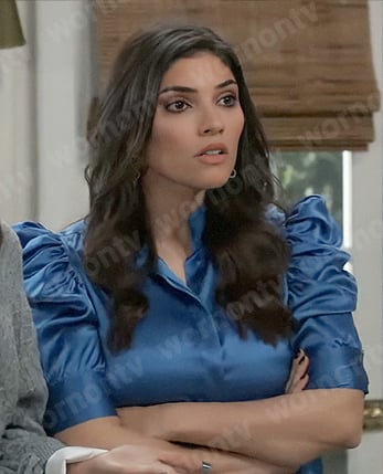 Brook Lynn’s blue satin puff sleeve shirt on General Hospital