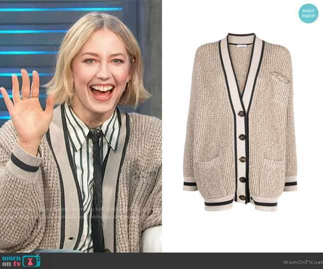 Carrie Coon’s beige knit cardigan on Access Hollywood