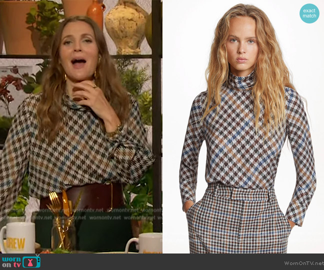 Carolina Herrera Harris Check Silk Blouse worn by Drew Barrymore on The Drew Barrymore Show