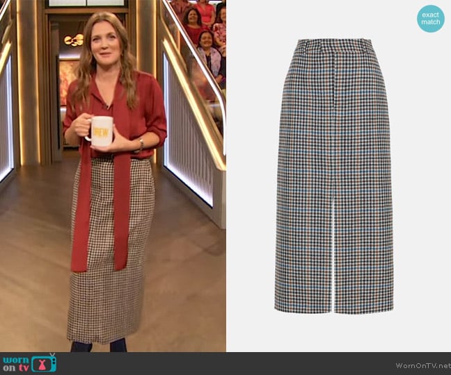 Carolina Herrera Harris Check Wool Pencil Skirt worn by Drew Barrymore on The Drew Barrymore Show