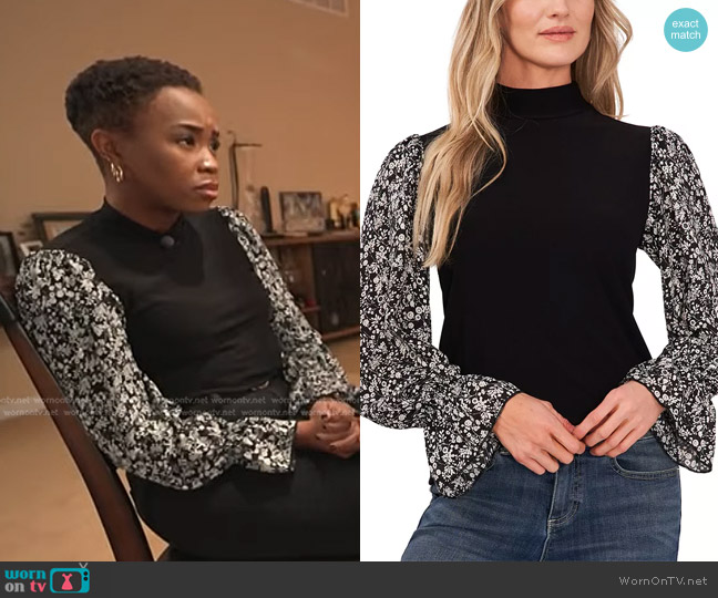 Cece Long Sleeve Mixed Media Mock-Neck Knit Top worn by Zinhle Essamuah on NBC News Daily