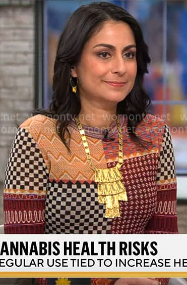 Dr Celine Gounder's patchwork print sweater on CBS Mornings