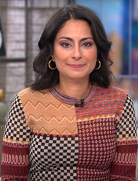 Dr Celine Gounder's patchwork print sweater on CBS Mornings