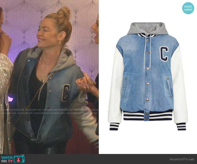 Celine Hooded Varsity Jacket in pismo wash denim worn by Denise Richards on The Real Housewives of Beverly Hills