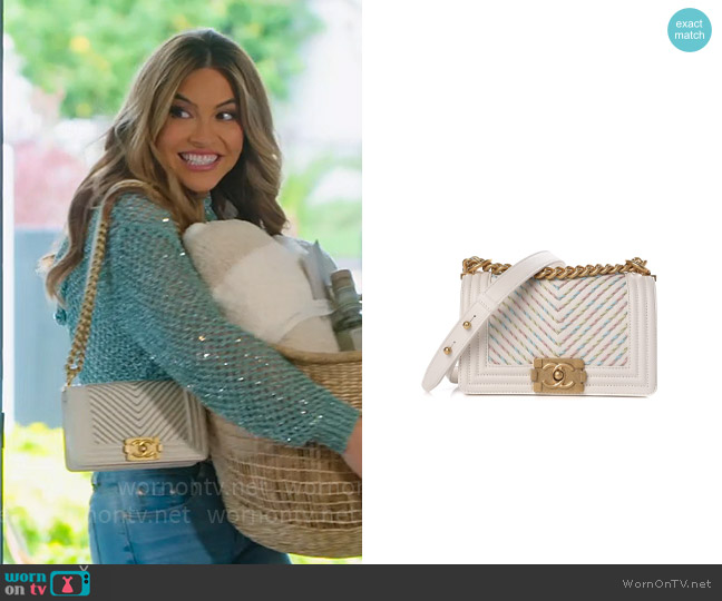 Chanel Calfskin Embroidered Chevron Small Boy Flap Ivory worn by Chrishell Stause on Selling Sunset