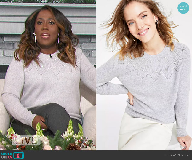 Charter Club 100% Cashmere Embellished Crewneck Sweater in Ice Grey Heather worn by Sheryl Underwood on The Talk