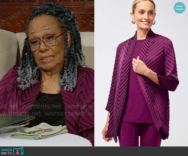 Chicos Travelers Collection Pleated Jacket in Wicked Plum worn by Mamie Johnson (Veronica Redd) on The Young and the Restless