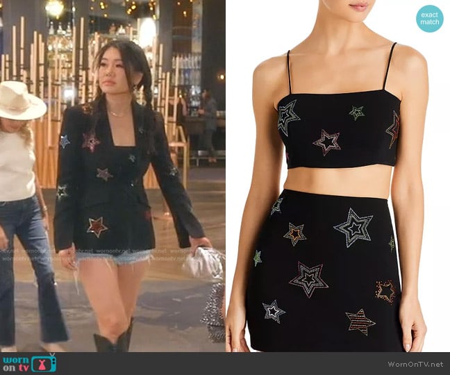 Cinq a Sept Nikki Embellished Star Crop Top worn by Crystal Kung Minkoff on The Real Housewives of Beverly Hills