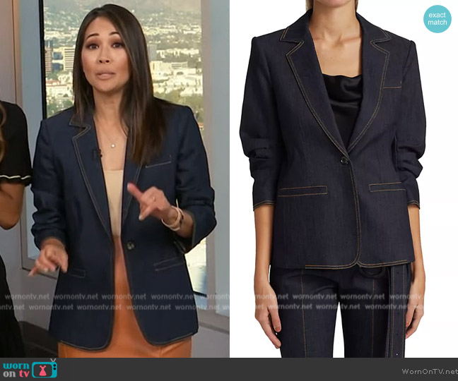 Cinq a Sept Khloe Denim Blazer in Indigo worn by Diane Mizota on Access Hollywood