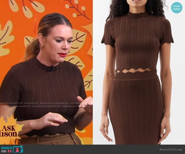 Clea Poppy Scalloped Rib-Knitted Cropped Top worn by Alison Roman on Good Morning America