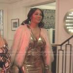 Cynthia Bailey’s metallic sequin plunge neck dress on The Real Housewives of Beverly Hills