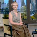 Cynthia Nixon’s gray wrap top and leather skirt on Live with Kelly and Mark