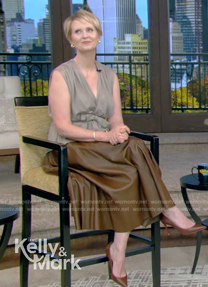Cynthia Nixon's gray wrap top and leather skirt on Live with Kelly and Mark