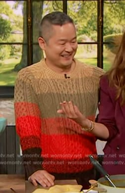 Danny Seo’s stripe cable knit sweater on The Drew Barrymore Show