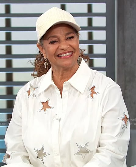 Debbie Allen’s white star cutout blouse on Access Hollywood