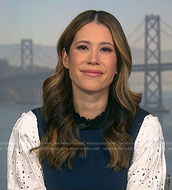 Deirdre’s navy and white mixed media sweater on NBC News Daily