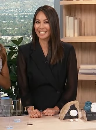 Diane Mizota’s black sheer sleeve blazer dress on Access Hollywood