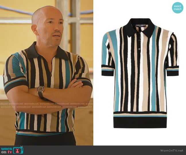 Dolce & Gabbana Vertical-Stripe Short-Sleeve Polo Shirt worn by Jason Oppenheim on Selling Sunset