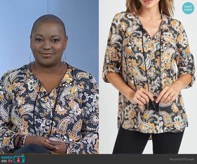 DR2 by Daniel Rainn Kara Long Sleeve Tassel Woven Top worn by Melody Murray on Today