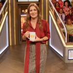 Drew’s red tie neck blouse and skirt on The Drew Barrymore Show