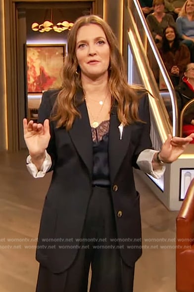 Drew's lace trim cami and suit on The Drew Barrymore Show