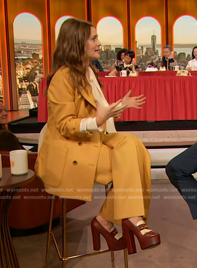 Drew's yellow double breasted blazer and pants on The Drew Barrymore Show