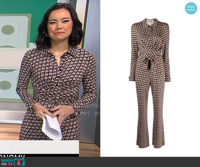 Diane von Furstenberg Michelle Jumpsuit in Wave Geo Camel worn by Jo Ling Kent on CBS Mornings