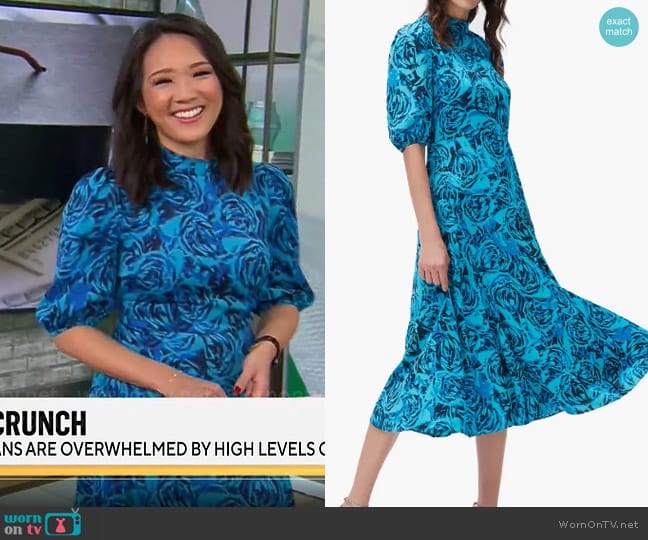 Diane von Furstenberg Nella Dress in Eye Of The Rose Sig Turquoise worn by Nancy Chen on CBS Mornings